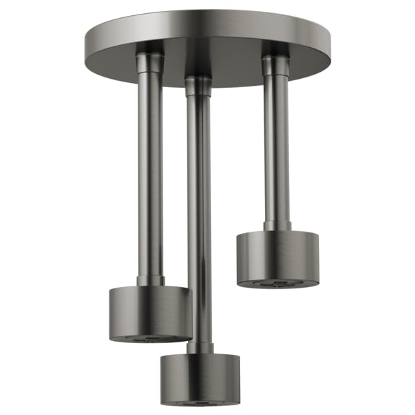 Brushed stainless steel ceiling-mounted shower head with three round pendant nozzles hanging from adjustable stems.