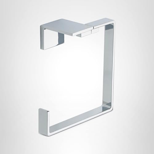 Chrome towel ring with angular geometric design and square mounting brackets on white background.