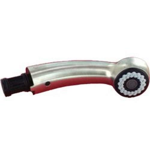 Stainless steel curved wand assembly with red grip and circular spray head attachment on right end.