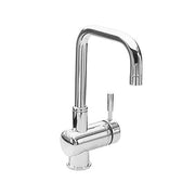 Satin nickel prep/bar faucet with tall squared spout, single lever handle, and pulldown spray head.