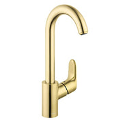 Brushed gold bar faucet with curved spout and single lever handle.