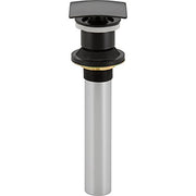 Square push pop-up drain assembly with matte black cap, chrome ring, and white metal body.