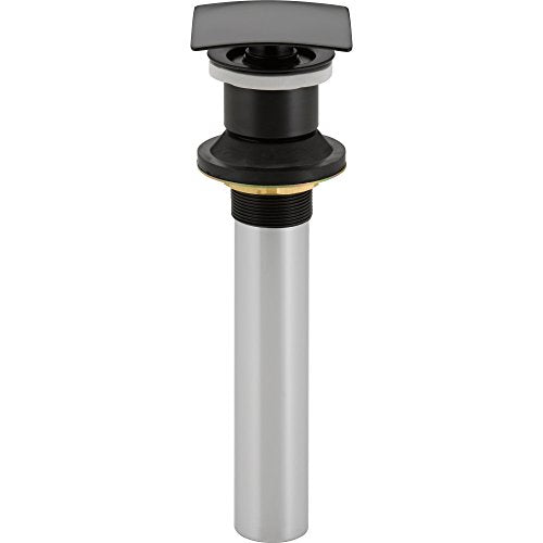 Square push pop-up drain assembly with matte black cap, chrome ring, and white metal body.