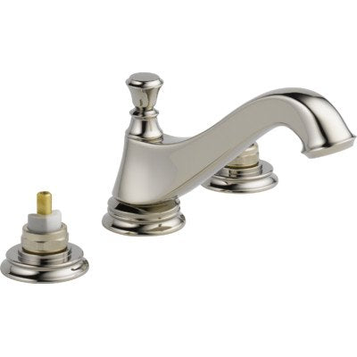 Chrome two-handle widespread bathroom faucet with low arc spout and separate pop-up drain assembly.