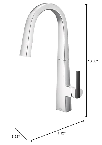 Chrome kitchen faucet with tall curved spout, pulldown sprayer, and single handle control shown with dimensions.