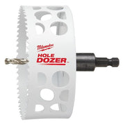 Milwaukee HOLE DOZER 4-1/2" bi-metal hole saw with white cylindrical body, serrated edge, and black arbor attachment.