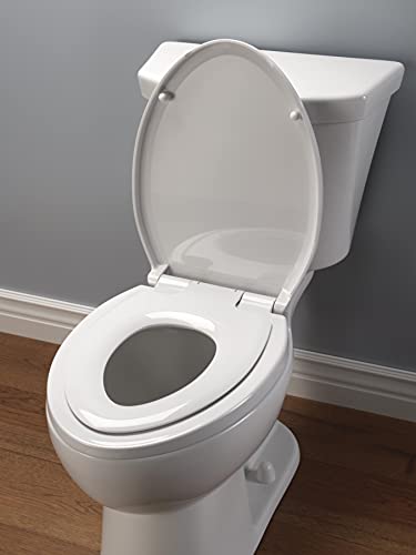 White round toilet seat with slow-close lid and quick-release mechanism in open position.