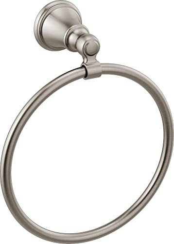 Brushed nickel circular towel ring with decorative wall-mounted bracket and ball finial.