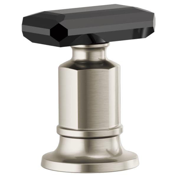Black crystal knob handle with brushed nickel base for roman tub faucet installation.