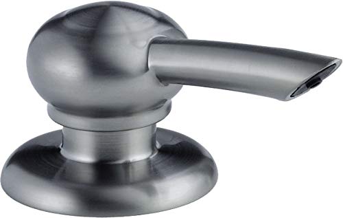 Stainless steel soap dispenser with spherical pump head and rectangular spout on circular base.