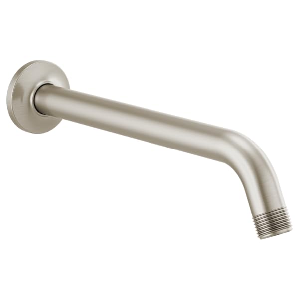 Brushed nickel shower arm with circular flange extending from wall-mounted base at angled downward position.