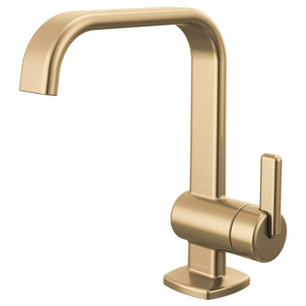Brushed gold single-handle bathroom faucet with curved spout and lever handle on square base.