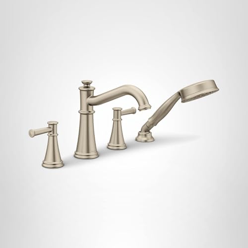 Brushed nickel deck-mounted Roman tub faucet with two handles, curved spout, and detachable hand shower.