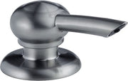 Stainless steel soap dispenser with spherical pump head and wide base in brushed finish.