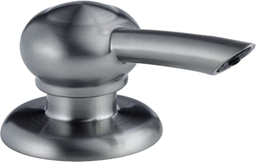 Stainless steel soap dispenser with spherical pump head and wide base in brushed finish.