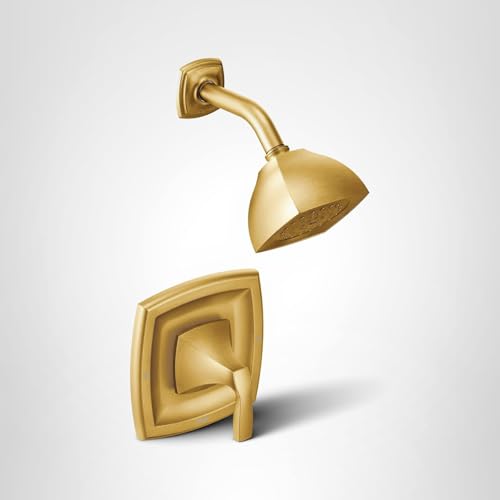 Champagne gold shower trim kit with curved wall-mounted valve trim and matching showerhead on adjustable arm.
