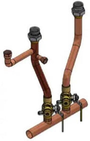 Copper piping assembly with threaded fittings, isolation valves, and union connectors for primary-secondary heating system co