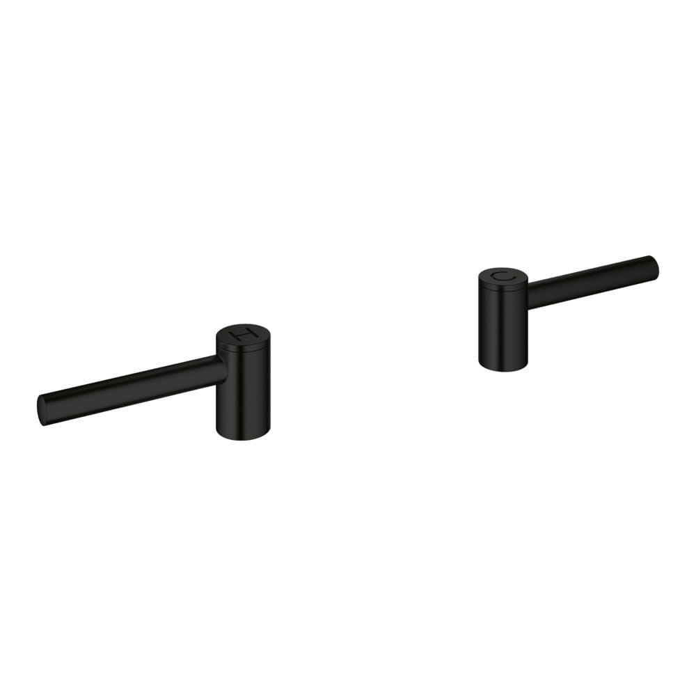 Pair of matte black cylindrical lever handles with extended arms for faucet installation.