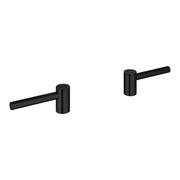 Pair of matte black cylindrical lever handles with extended arms for faucet installation.