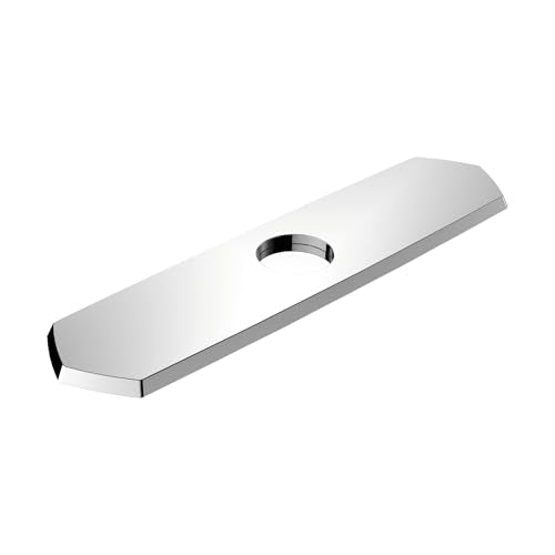 Chrome rectangular base plate with single center hole for kitchen faucet installation.
