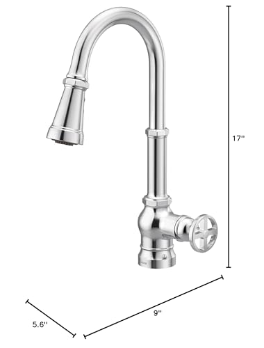 Chrome pull-down kitchen faucet with curved spout, single handle, and dimensions of 17" height, 9" depth, and 5.6" width.