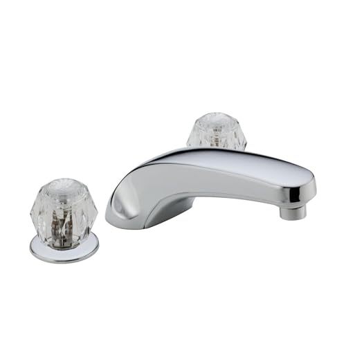 Chrome roman tub trim with curved spout and two clear knob handles.