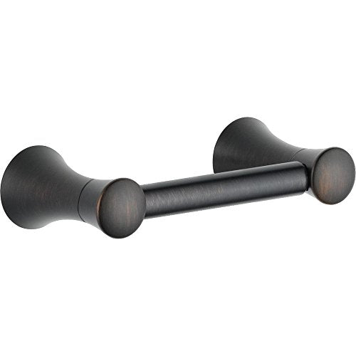 Oil-rubbed bronze tissue holder with curved mounting flanges and cylindrical bar.