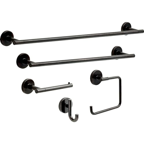 Five-piece Venetian bronze bathroom hardware set including towel bars, tissue holder, and hook.