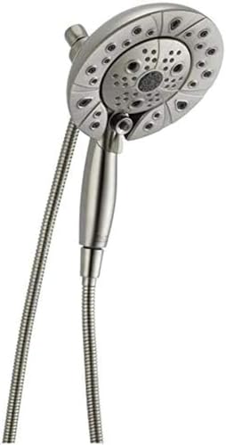 Brushed nickel dual showerhead with adjustable spray settings and flexible hose attachment.