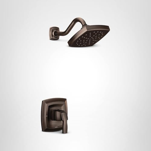 Oil rubbed bronze shower trim kit with square rain showerhead, curved arm, and single handle valve control.