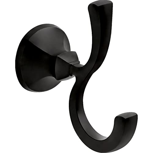Black robe hook with curved double hooks mounted on round wall plate.