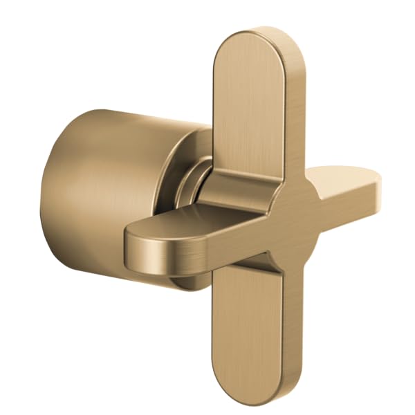 Champagne bronze diverter trim with cross handle and cylindrical valve body for shower system.