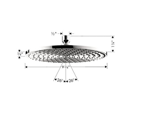 Brushed nickel round rainfall shower head with mounting bracket and dimensional specifications labeled.