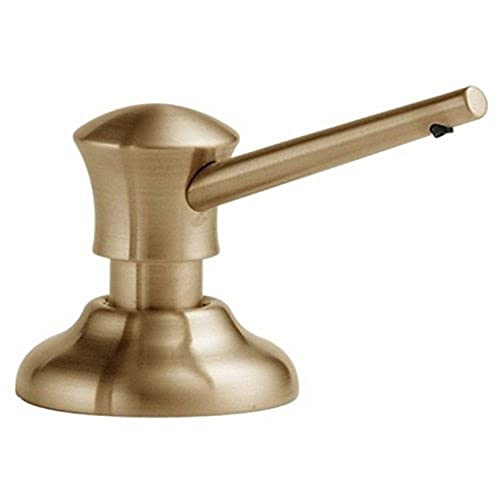 Champagne bronze soap and lotion dispenser with cylindrical pump and rounded base.