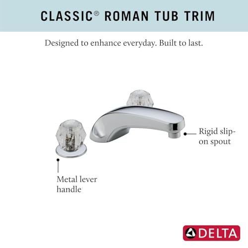 Chrome Roman tub trim with curved spout and two metal lever handles with clear knobs.