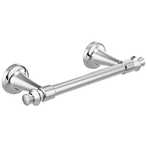Chrome tissue holder with cylindrical rod mounted on two round wall flanges with pivoting arm design.