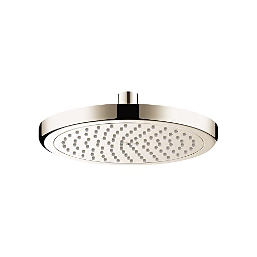 Brushed nickel round shower head with perforated face and ceiling-mounted arm.