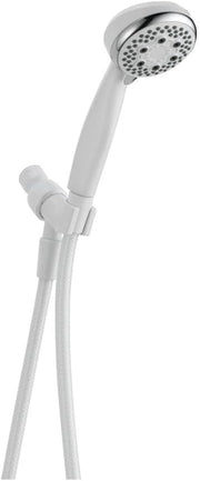 White handheld showerhead with adjustable bracket and hose, featuring multiple spray holes on circular face.