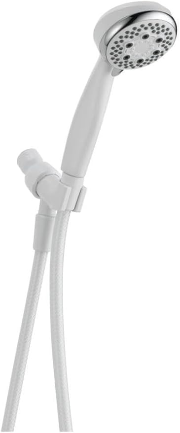 White handheld showerhead with adjustable bracket and hose, featuring multiple spray holes on circular face.
