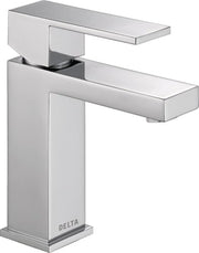 Chrome single-handle bathroom faucet with square spout and tall rectangular base.