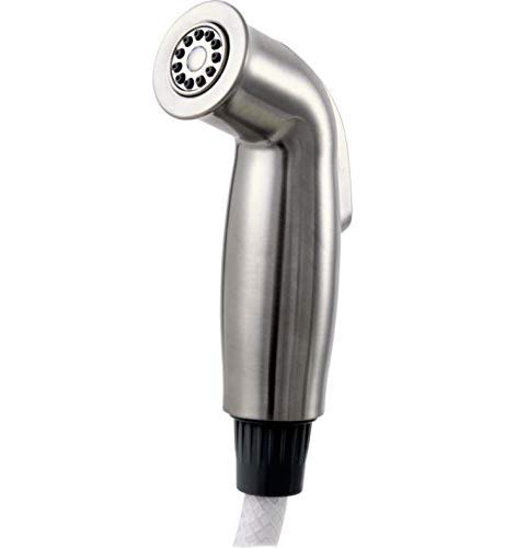 Stainless steel spray head assembly with angled nozzle and multiple spray holes, black grip base.