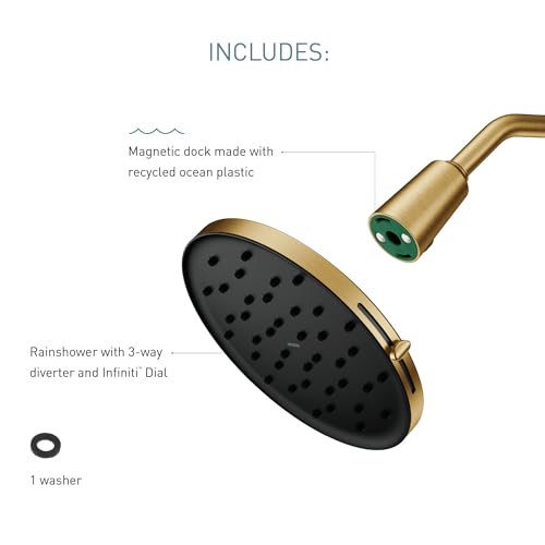Brushed gold rainshower head with black face, adjustable spray arm, magnetic dock, and washer included.