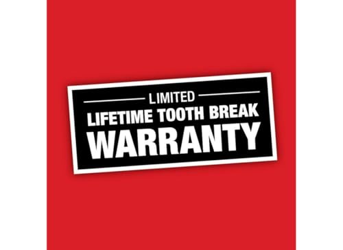 Black and white warranty label on red background stating "Limited Lifetime Tooth Break Warranty."