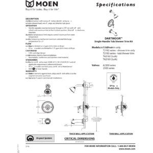 Moen Dartmoor brushed nickel tub and shower valve with Posi Temp temperature control, shown with specifications and installat