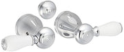 Chrome bathroom lever handle set with white porcelain grips and round trim rings.