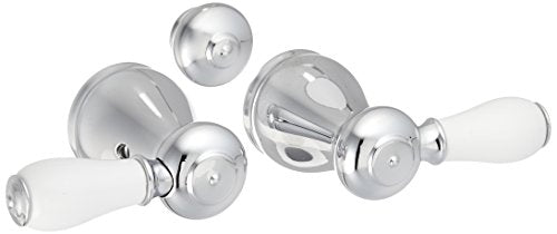 Chrome bathroom lever handle set with white porcelain grips and round trim rings.
