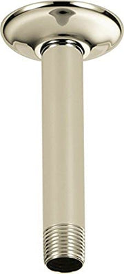 Polished nickel ceiling-mounted shower arm with flange and threaded connection.