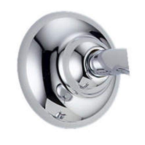 Chrome finish shower flange with lever handle and circular escutcheon plate.