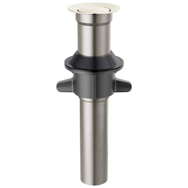 Polished nickel metal push pop drain with black rubber seal ring and dual lever handles, no overflow opening.