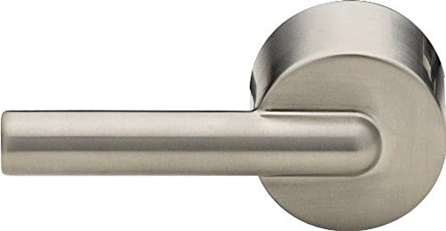 Brushed nickel lever handle with cylindrical design and round mounting plate.